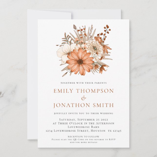 Invitación Boda de código QR de Florals de otoño moderno (Anverso)