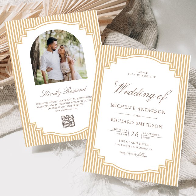 Invitación Boda de código QR de foto a rayas beige clásico (Subido por el creador)