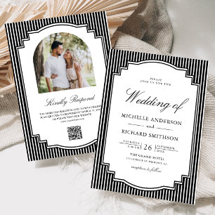 Invitación Boda de código QR de foto a rayas en blanco y negr