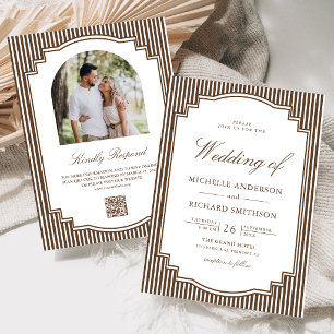 Invitación Boda de código QR de foto a rayas marrón chocolate