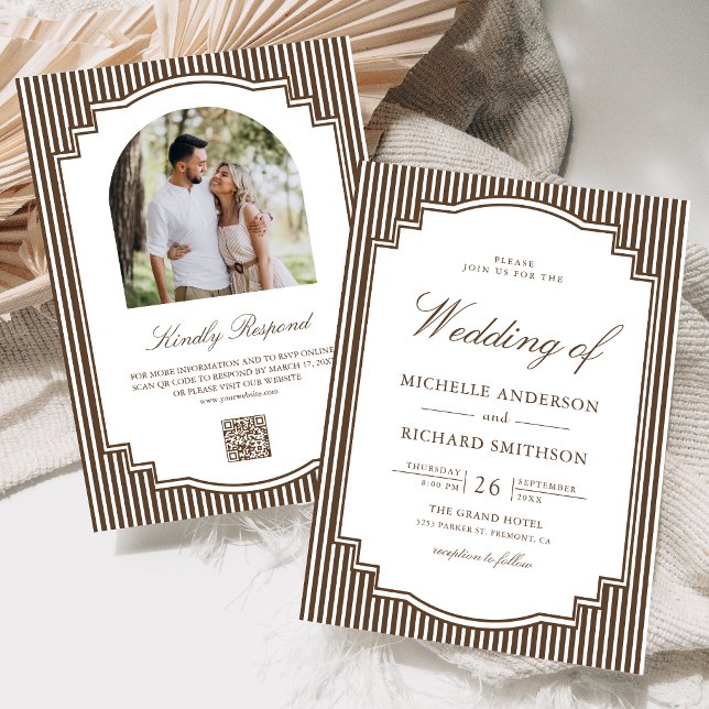 Invitación Boda de código QR de foto a rayas marrón chocolate (Subido por el creador)