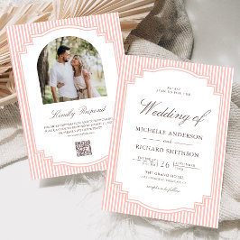 Invitación Boda de código QR de foto a rayas rosa coral paste