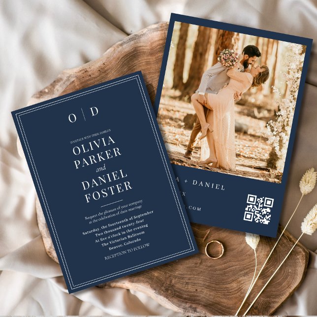 Invitación Boda de código QR de foto azul de la Marina modern (Subido por el creador)