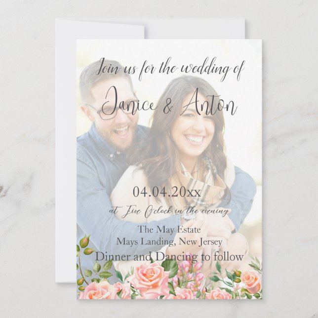 Invitación Boda de código QR de foto botánica rosa de Rubor (Anverso)
