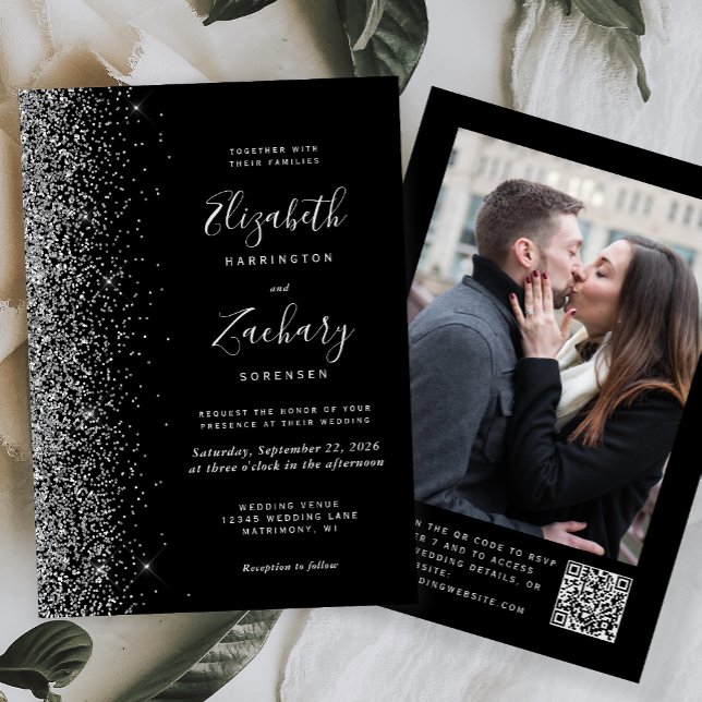 Invitación Boda de Código QR de Foto con Brillo Negro Moderno (Subido por el creador)