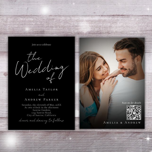 Invitación Boda de código QR de foto con guión elegante en bl (Subido por el creador)