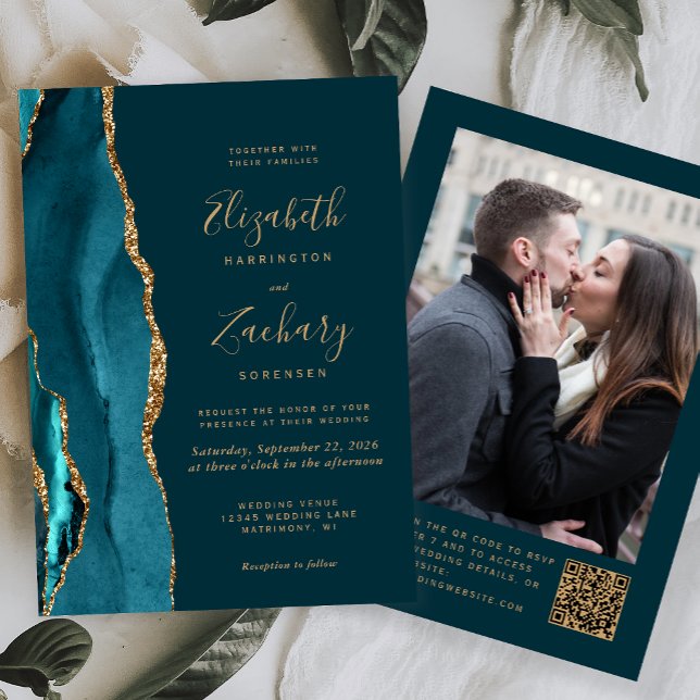 Invitación Boda de código QR de foto de ágata dorada azul tea (Subido por el creador)