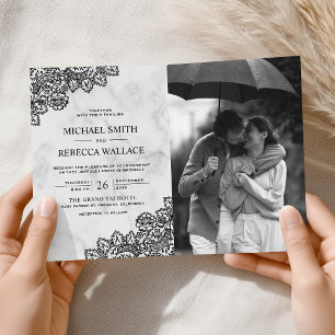 Invitación Boda de código QR de foto de mármol blanco y encaj
