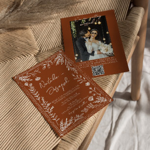 Invitación Boda de código QR de foto de terracota naranja flo