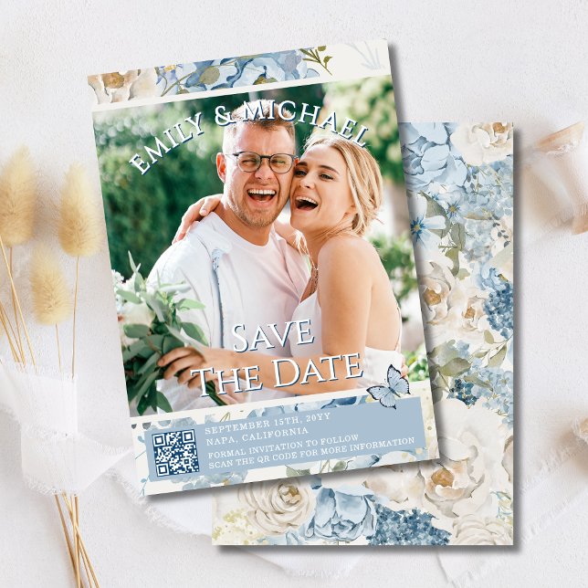 Invitación Boda de código QR de foto floral azul romántica (Subido por el creador)