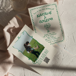 Invitación Boda de código QR de foto floral dibujada en verde