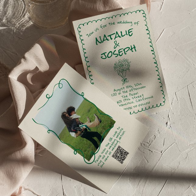 Invitación Boda de código QR de foto floral dibujada en verde (Subido por el creador)