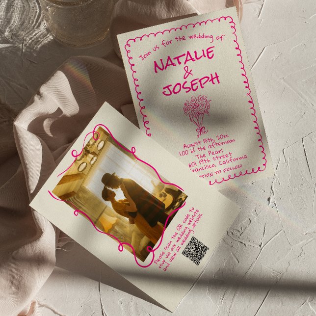 Invitación Boda de código QR de foto rosa Vivid Retro Hand Dr (Subido por el creador)