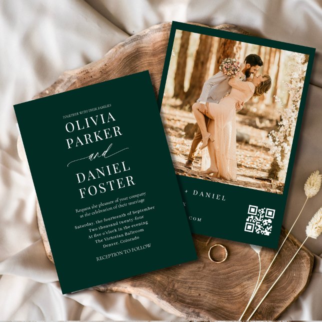Invitación Boda de código QR de foto verde de esmeralda moder (Subido por el creador)