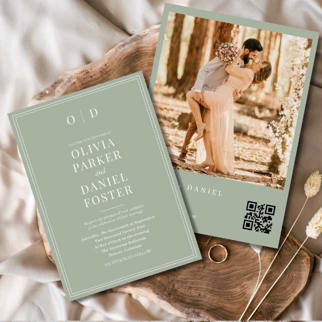 Invitación Boda de código QR de foto verde sage moderna (Subido por el creador)