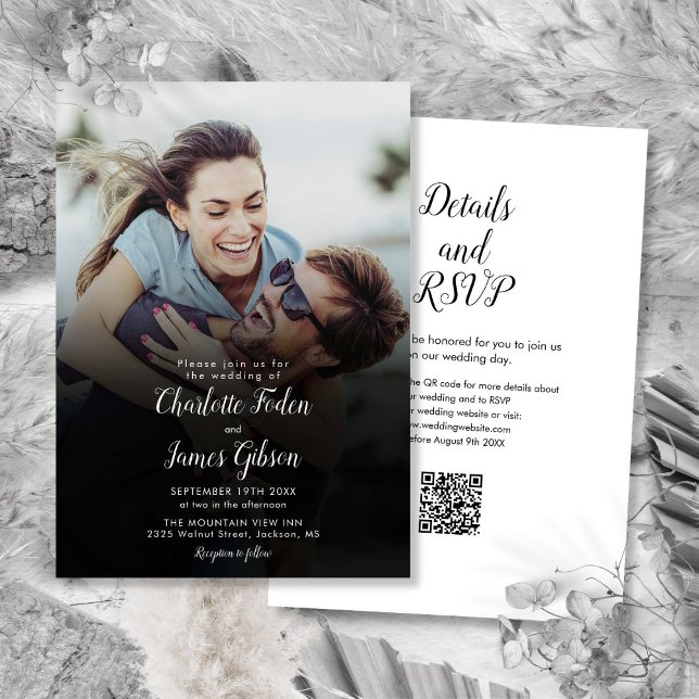 Invitación Boda de código QR de fotografía con guión moderno (Modern Script Photo QR Code Wedding Invitation)