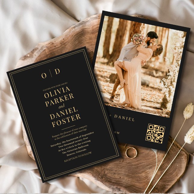 Invitación Boda de código QR de fotografía moderna de oro neg (Subido por el creador)