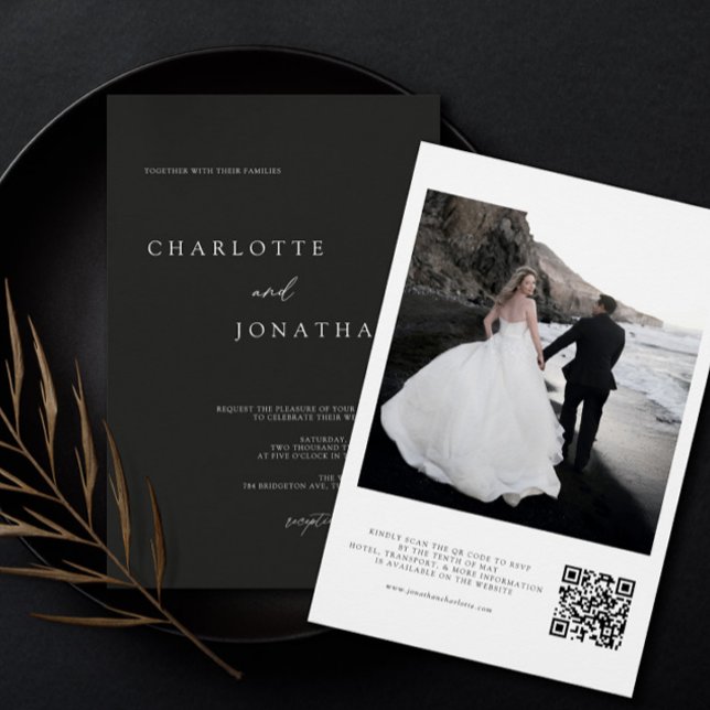 Invitación Boda de código QR de fotografía moderna en blanco  (Subido por el creador)