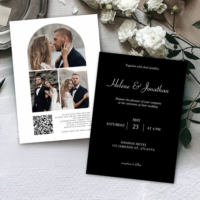 Invitación Boda de código QR de fotografía moderna y negra (Subido por el creador)