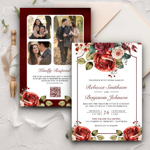 Invitación Boda de código QR de fotos florales de rosas rojas