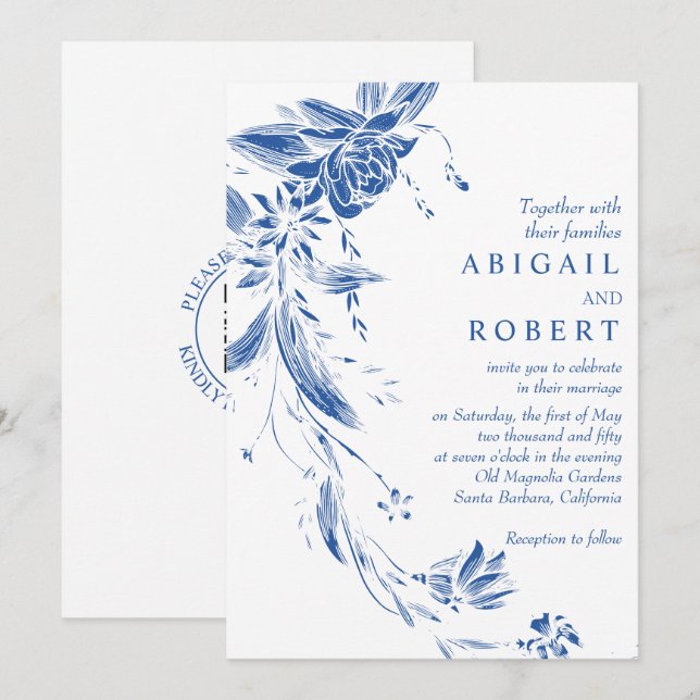 Invitación Boda de código QR de garland floral azul cobalto (Anverso / Reverso)