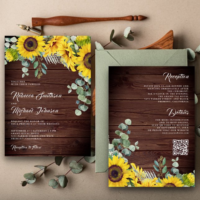 Invitación Boda de código QR de girasoles de madera rústica E (Subido por el creador)