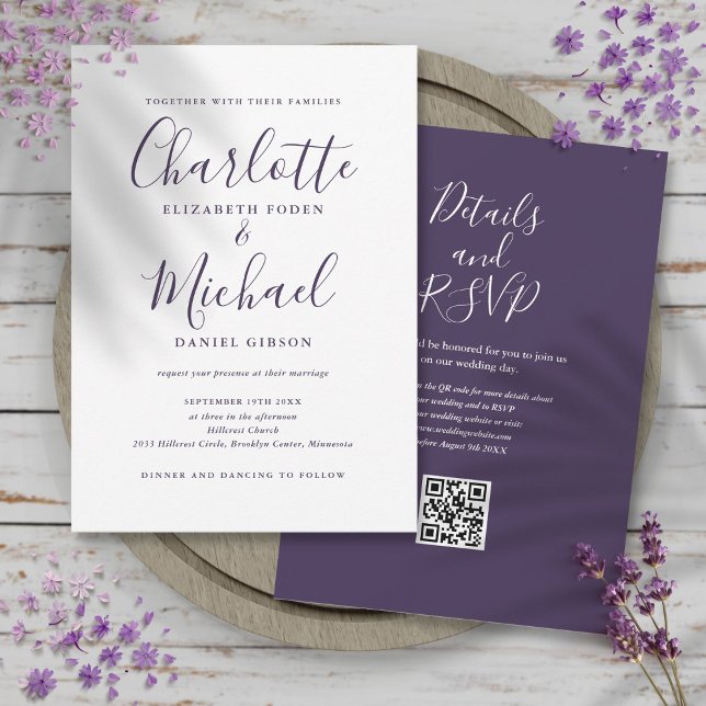 Invitación Boda de código QR de guión elegante púrpura (Purple Elegant Script QR Code Wedding Invitation)