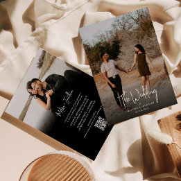 Invitación Boda de código QR de guión gráfico negro minimalis