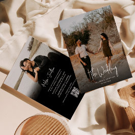 Invitación Boda de código QR de guión gráfico negro minimalis