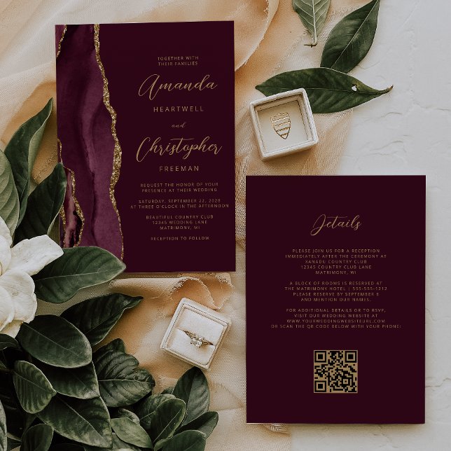 Invitación Boda de código QR de la Agate de Oro de Borgoña (Subido por el creador)