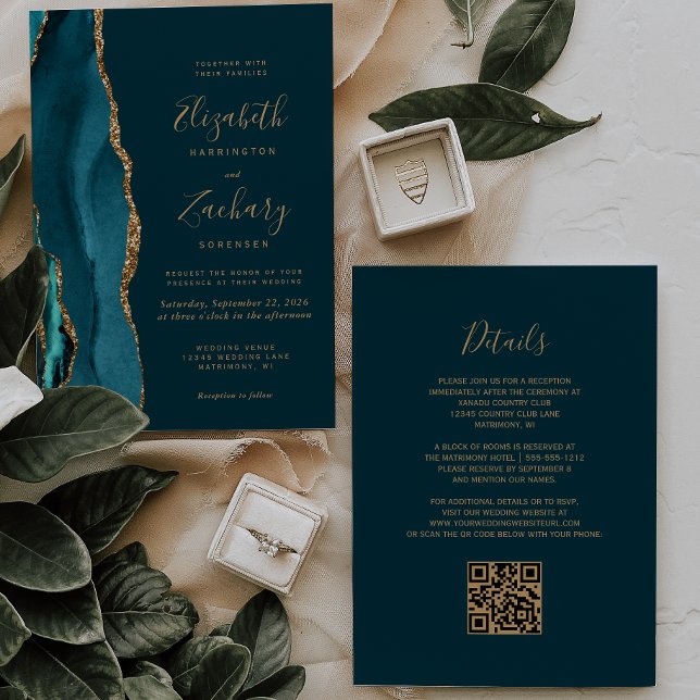 Invitación Boda de código QR de la Agate de oro Verde azulado (Subido por el creador)