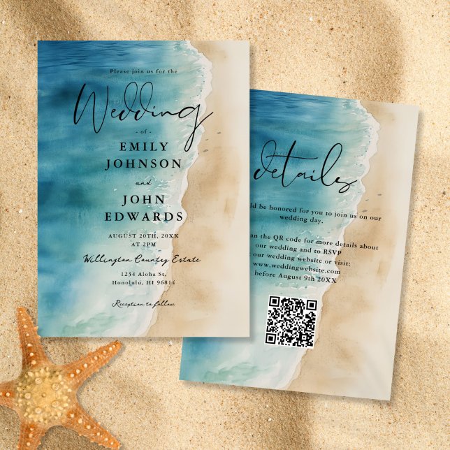 Invitación Boda de código QR de la arena azul del océano azul (Watercolor Blue Ocean Beach Sand QR Code Wedding Invitation)