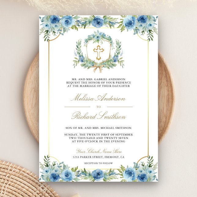 Invitación Boda de código QR de la Cruz Católica Azul Floral  (Subido por el creador)