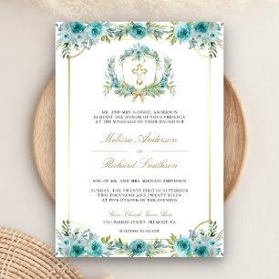 Invitación Boda de código QR de la Cruz católica floral verde