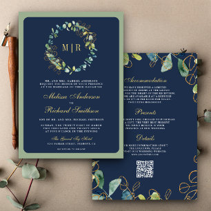 Invitación Boda de código QR de la flor de eucalipto de oro a