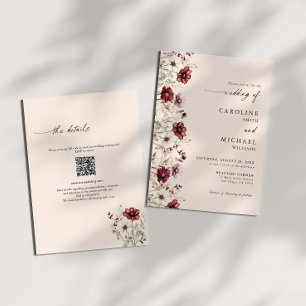 Invitación Boda de código QR de la flor silvestre de Borgoña