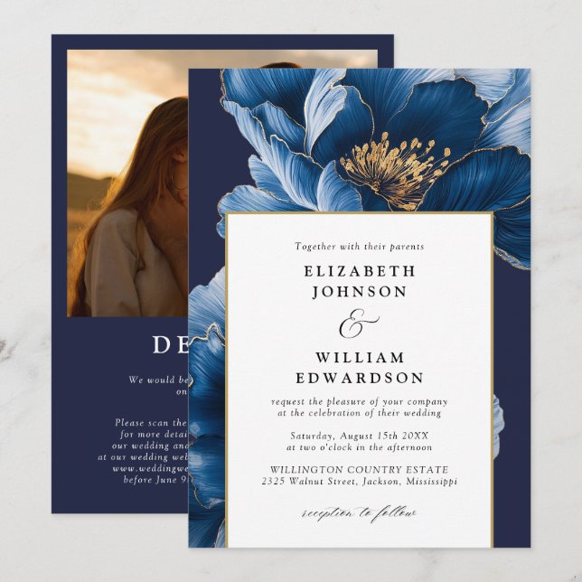 Invitación Boda de código QR de la floral Blue Gold de la Mar (Anverso / Reverso)