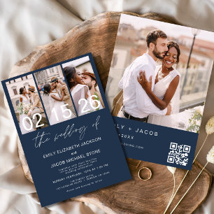 Invitación Boda de código QR de la foto azul de la Marina Min