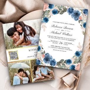 Invitación Boda de código QR de la foto floral azul de la Mar