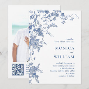 Invitación Boda de código QR de la foto floral azul victorian