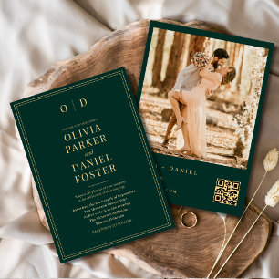 Invitación Boda de código QR de la foto moderna del oro verde