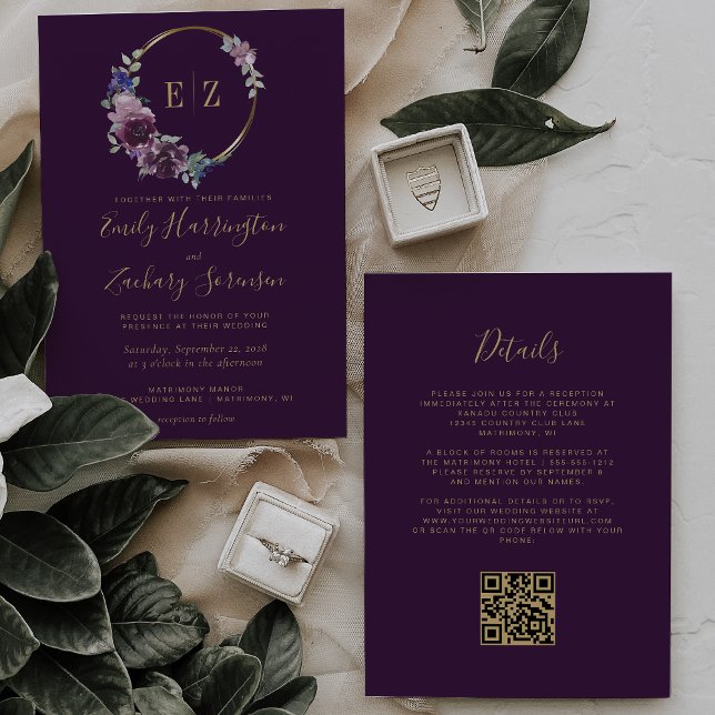 Invitación Boda de código QR de la guirnalda floral púrpura m (Subido por el creador)