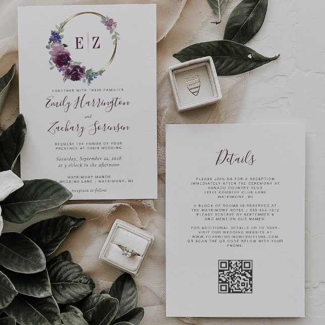 Invitación Boda de código QR de la guirnalda floral púrpura m (Subido por el creador)