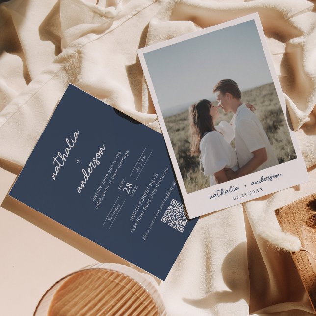 Invitación Boda de código QR de la Marina azul de escritura m (Subido por el creador)