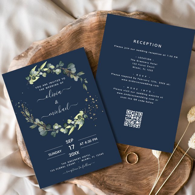 Invitación Boda de código QR de la Marina azul en un eucalipt (Subido por el creador)
