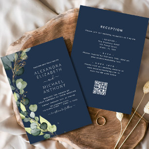 Invitación Boda de código QR de la Marina azul en un eucalipt