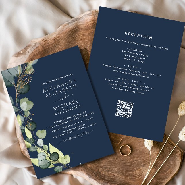 Invitación Boda de código QR de la Marina azul en un eucalipt (Subido por el creador)