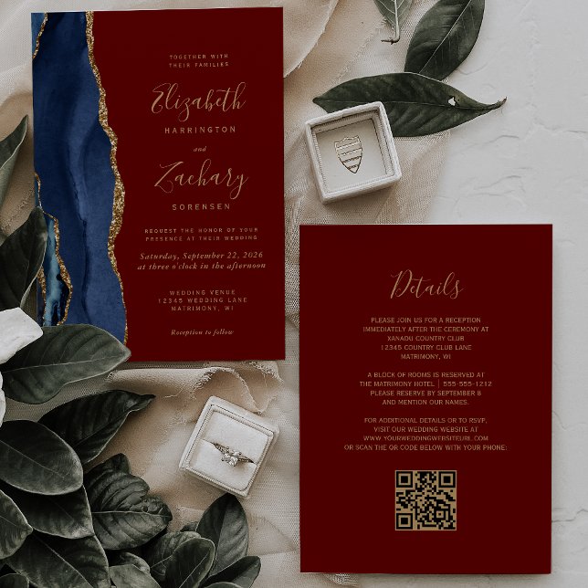 Invitación Boda de código QR de la Marina Blue Gold Agate (Subido por el creador)