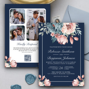 Invitación Boda de código QR de la Marina Floral Azul y Rosa 