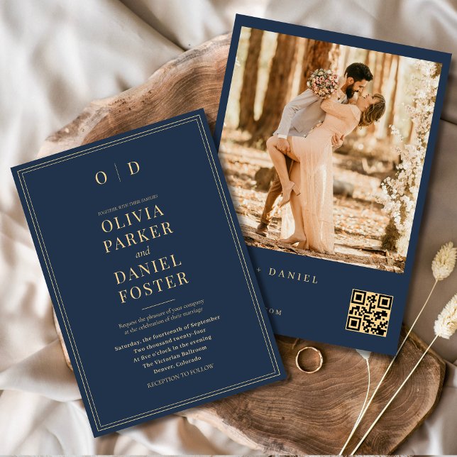 Invitación Boda de código QR de la Marina moderna con oro azu (Subido por el creador)